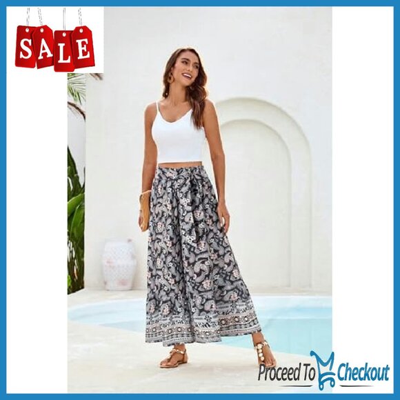 Women's Wide Leg Palazzo Pants Elastic High Waist Flowy Beach - Picture 4 of 7
